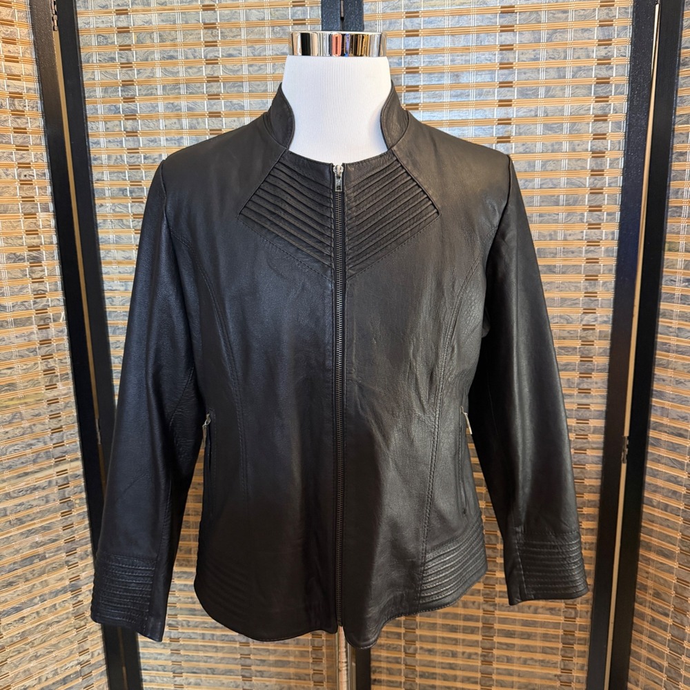 Confecciones Manolo Leather Jacket Womens 46 Black Pleated Sheepskin Zip Coat